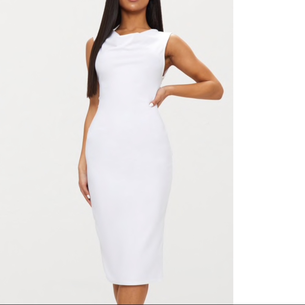 WHITE COWL NECK SLEEVELESS MIDI DRESS